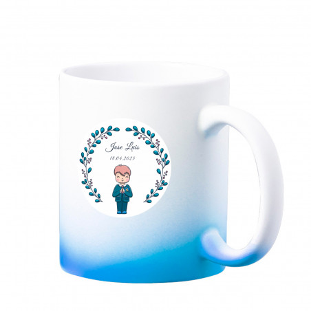 Tasse de sublimation finition mate avec dégradé bleu personnalisée pour des détails de communion pour garçon