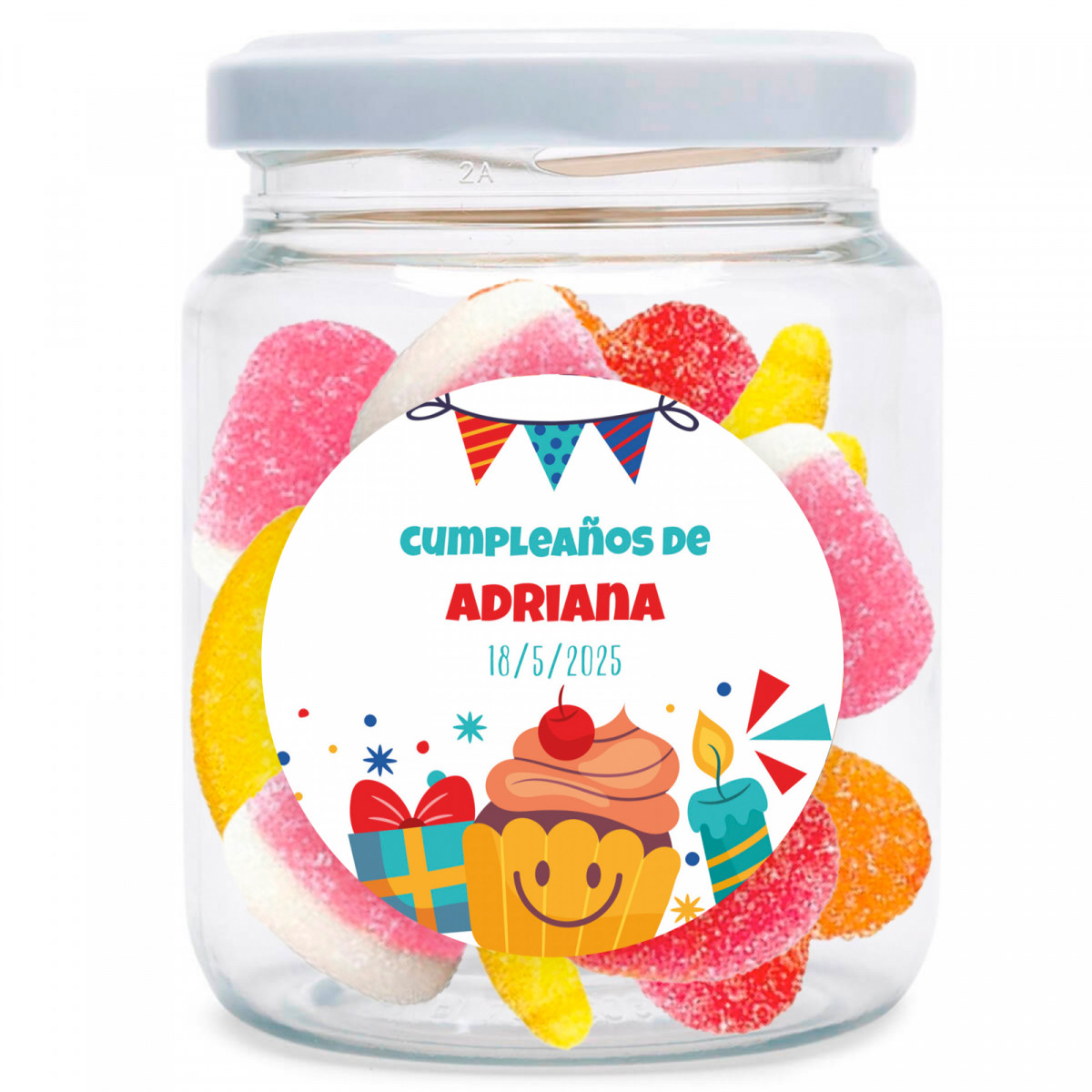 Bocal avec assortiment de bonbons personnalisable avec un autocollant d'anniversaire à offrir