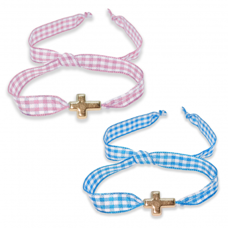 Bracelet en tissu à carreaux vichy et croix métallique pour événements religieux