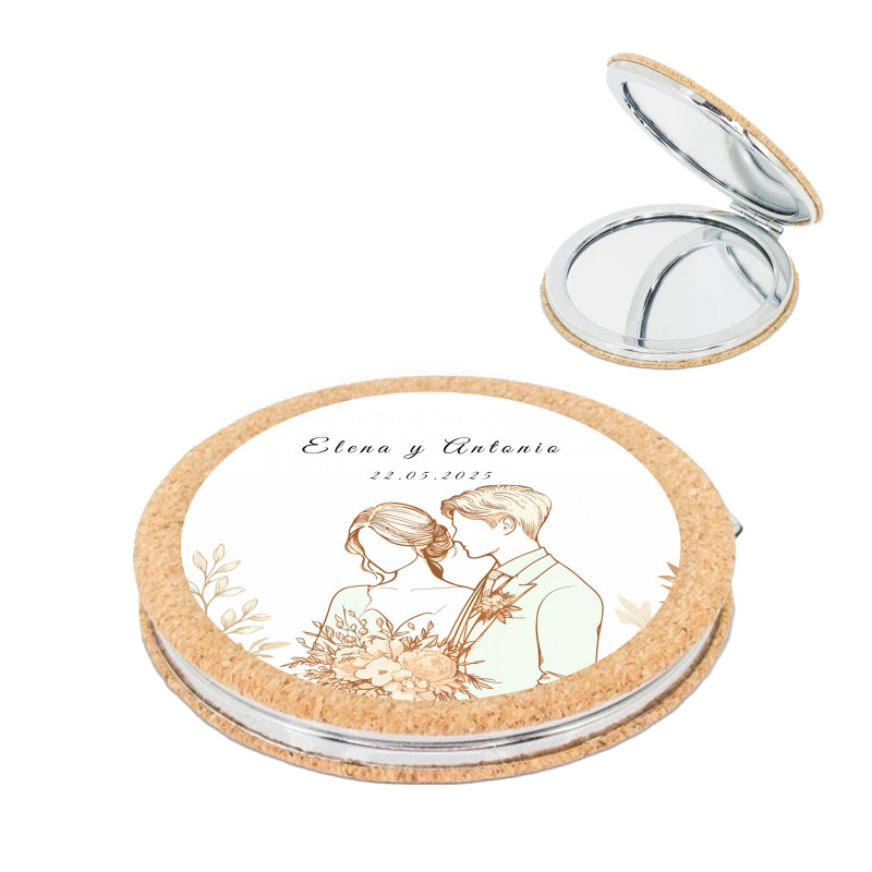 Miroir double en liège avec autocollant silhouette romantique de jeunes mariés pour les cadeaux des invités