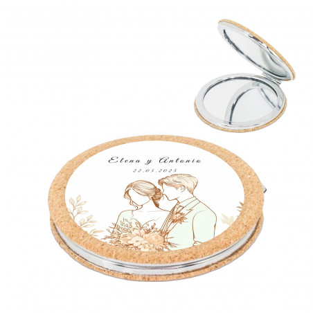 Miroir double en liège avec autocollant silhouette romantique de jeunes mariés pour les cadeaux des invités