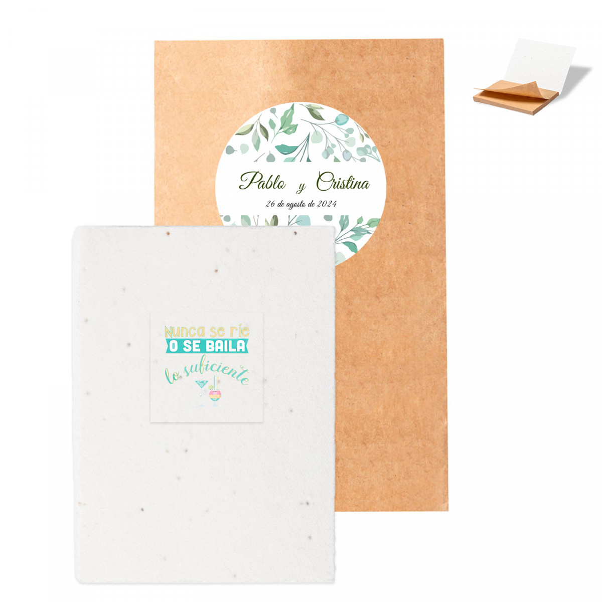 Bloc-notes éco avec des couvertures en graines à planter dans une enveloppe kraft personnalisée pour les détails des fêtes et