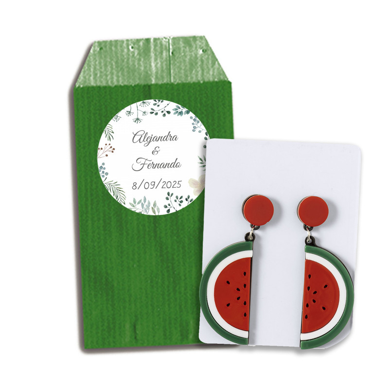 Boucles d'oreilles design pastèques dans un sac avec autocollant personnalisé pour les détails des invitées