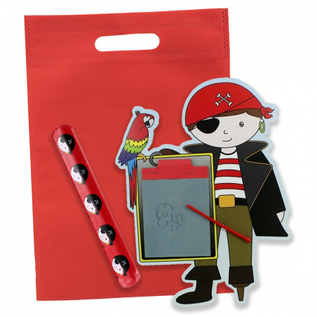 Planche de pirate et bracelet assorti dans un sac rouge pour enfants