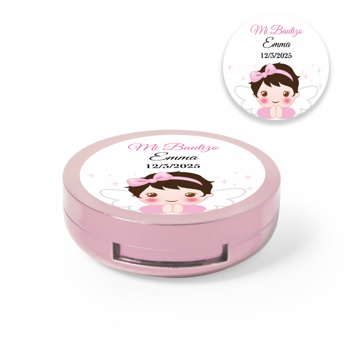 Baume à lèvres dans une boîte rose avec miroir intérieur et autocollant personnalisé de baptême pour fille
