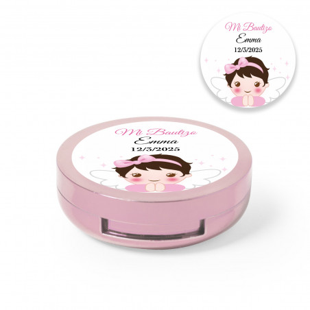 Baume à lèvres dans une boîte rose avec miroir intérieur et autocollant personnalisé de baptême pour fille
