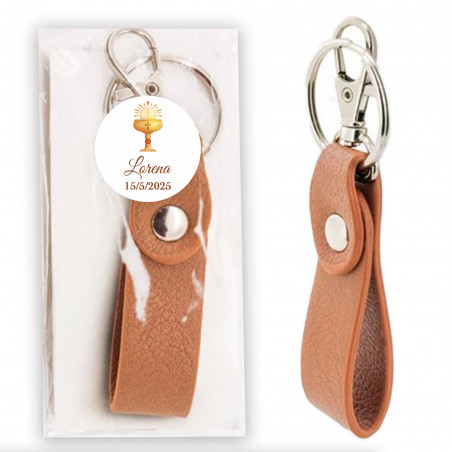 Porte-clés élégant dans un sachet transparent avec autocollant de calice pour les détails de communion