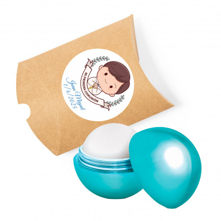 Brillant à lèvres bleu dans un étui kraft avec adhésif pour la première communion du garçon pour plus de détails