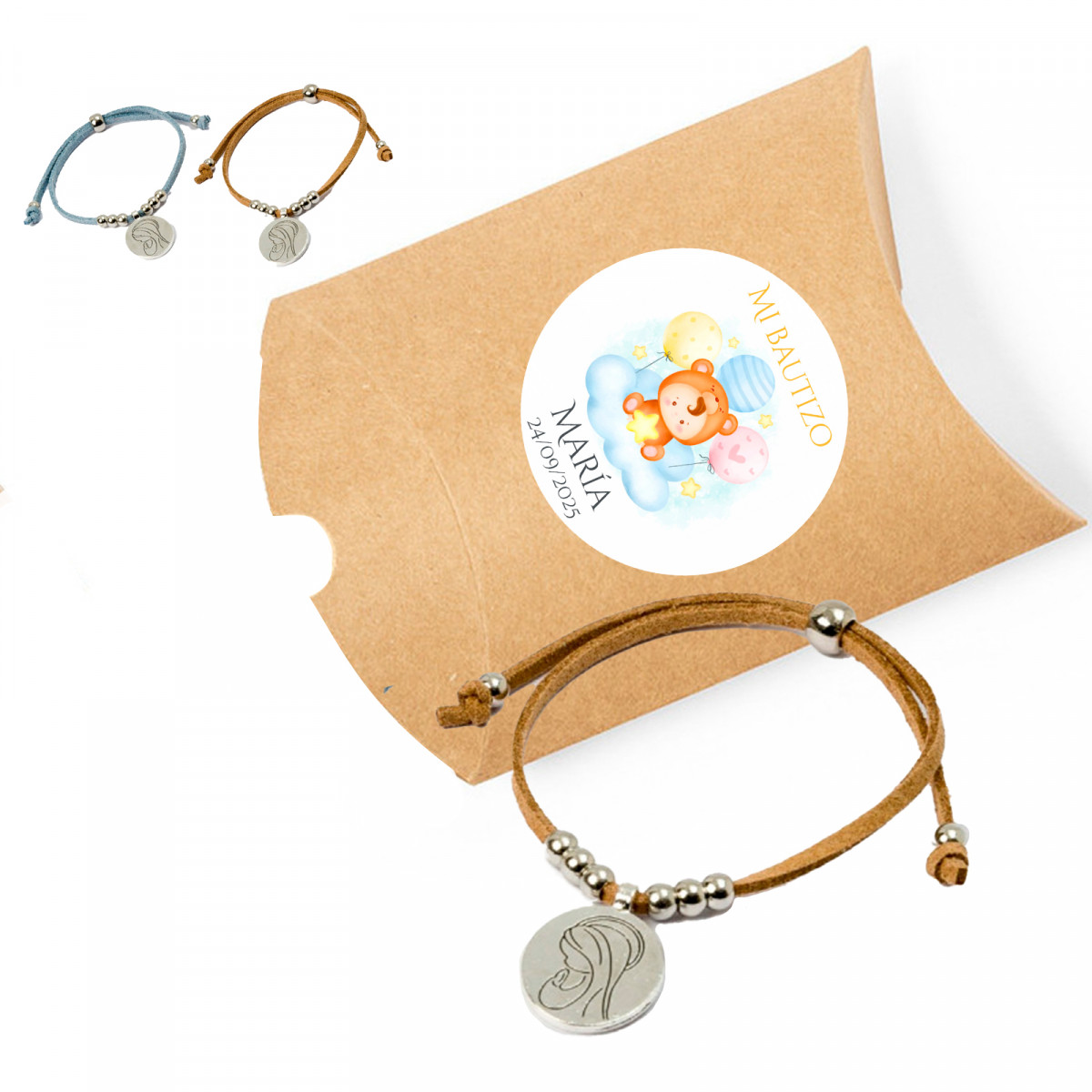 Bracelet médaille vierge Marie dans une boîte kraft avec adhésif de baptême pour les détails des invités