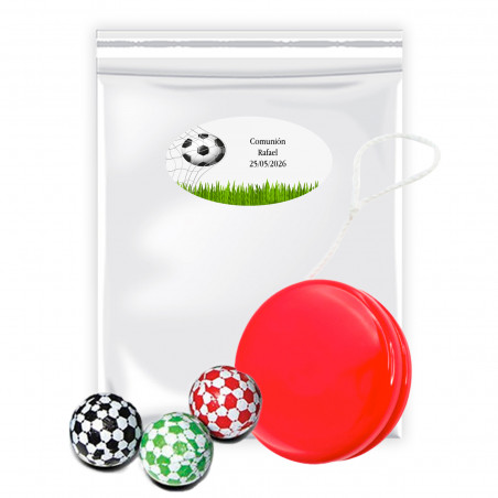 Yoyo avec des bonbons au chocolat avec un design de ballon de football dans un sac avec un autocollant personnalisable pour les