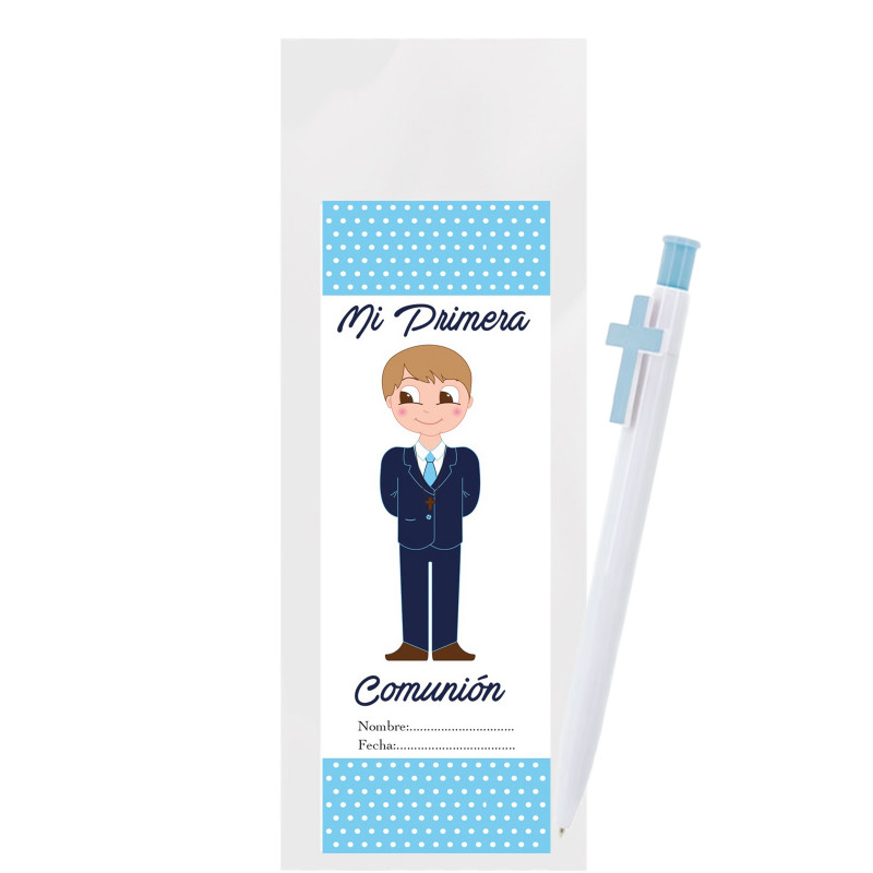 Stylo et marque page pour garçon avec pochette transparente pour communion