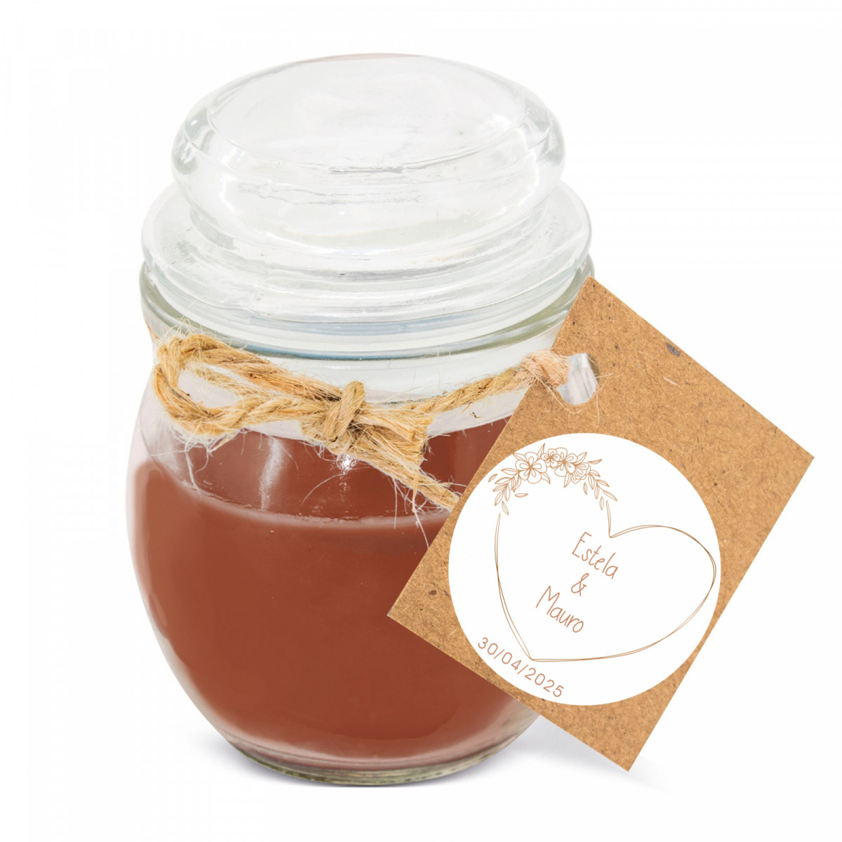 Bougie parfumée dans un pot en verre avec couvercle et étiquette suspendue personnalisée pour les détails