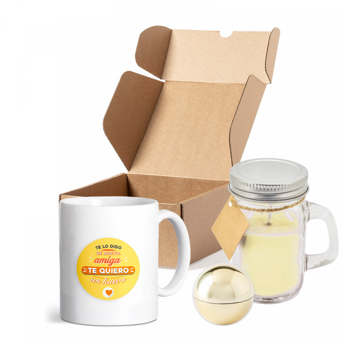 Tasse en céramique avec autocollant d amitié avec bougie parfumée et baume à lèvres hydratant dans un coffret cadeau