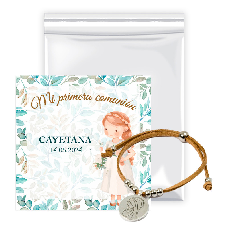 Bracelet médaille Vierge Marie avec carte de rappel dans un sac avec rabat pour les détails de la communion.