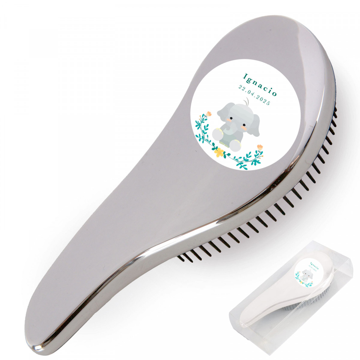 Brosse anatomique argenté avec boîte transparente et autocollant de baptême