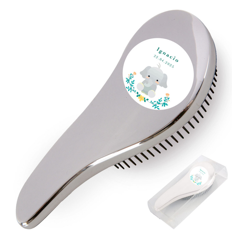 Brosse anatomique argenté avec boîte transparente et autocollant de baptême