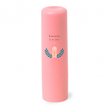 Baume à lèvres rose avec autocollant pour détails de fêtes et événements