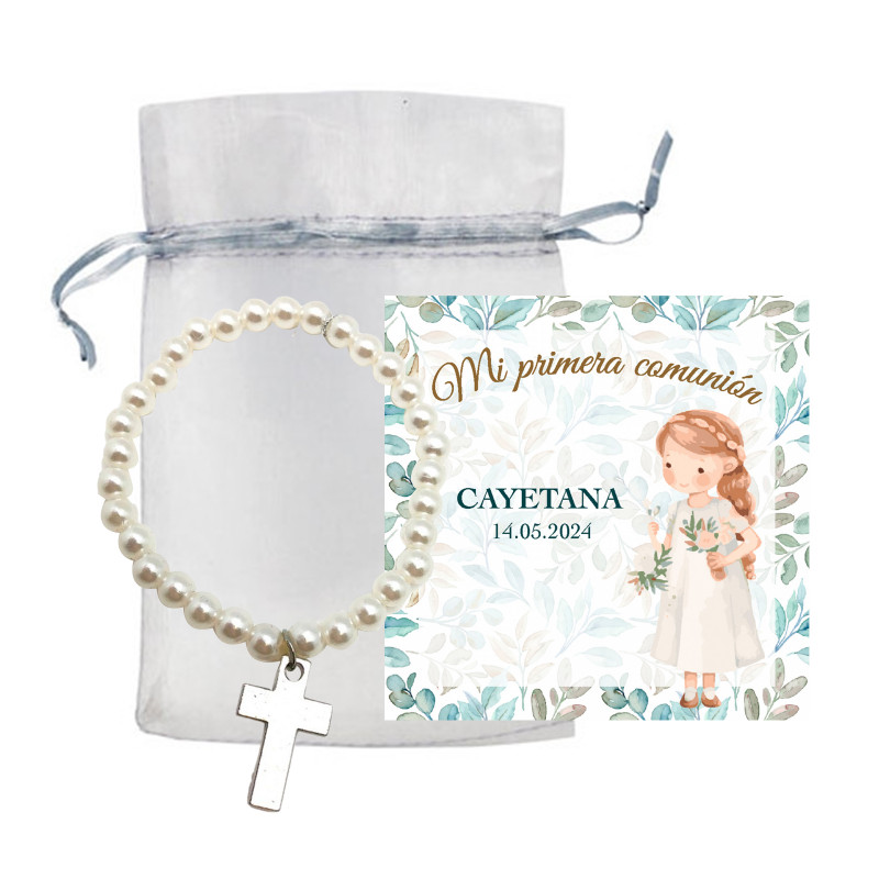 Bracelet perles avec croix et carte personnalisée dans un sac en organza pour les souvenirs de première communion fille