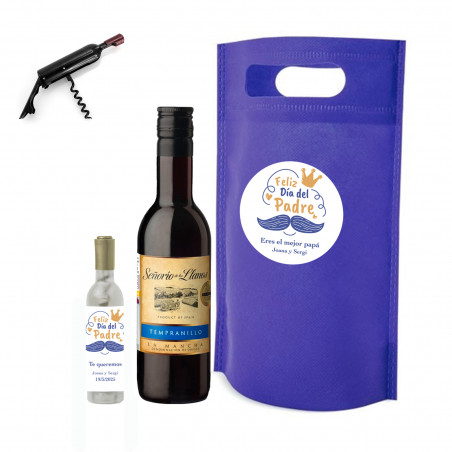 Bouteille de vin et tire-bouchon dans un sac bleu personnalisé pour cadeaux de la fête des pères