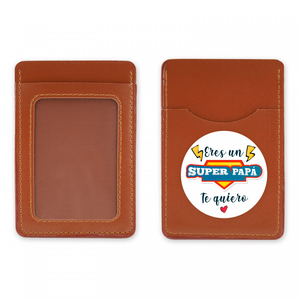 Porte-cartes en simili cuir marron avec autocollant "tu es un super papa" à offrir.