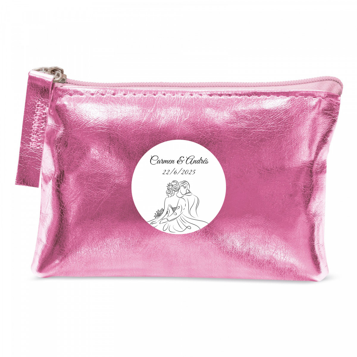 Portefeuille rose avec autocollant personnalisable mariés romantiques pour détails