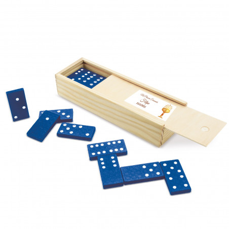 Domino bleu dans une boîte en bois personnalisée avec un autocollant de communion à offrir