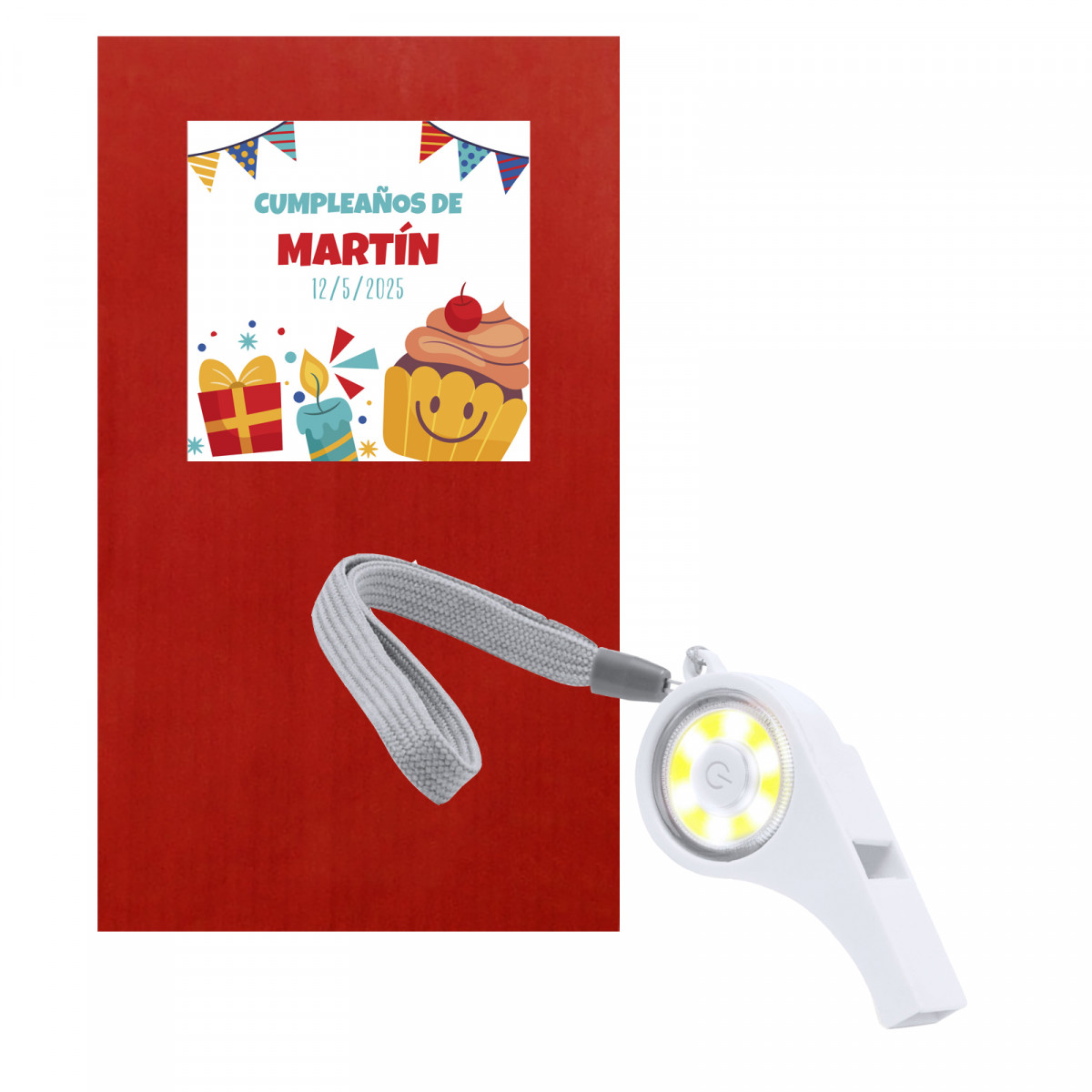 Sifflet avec lumière présenté dans une enveloppe rouge avec un autocollant personnalisé d'anniversaire