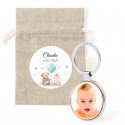 Porte-clés avec photo personnalisable dans un sac en tissu avec autocollant design ourson à offrir