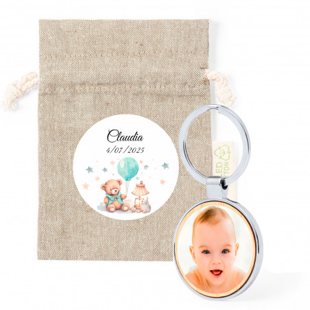 Porte-clés avec photo personnalisable dans un sac en tissu avec autocollant design ourson à offrir