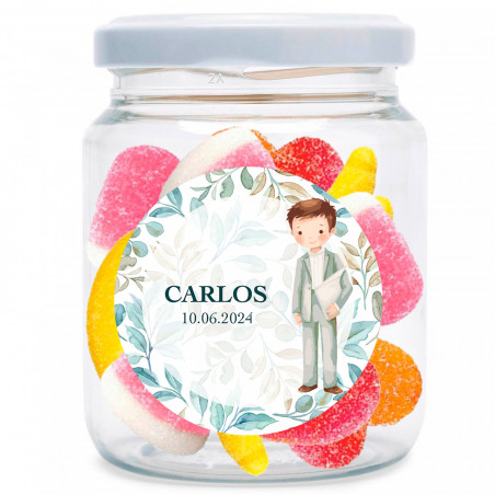Bocal avec un mélange de bonbons sans gluten et un autocollant de première communion personnalisable à offrir