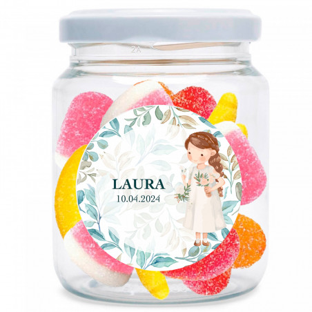 Pot avec un mélange de bonbons sans gluten et autocollant première communion fille personnalisable à offrir