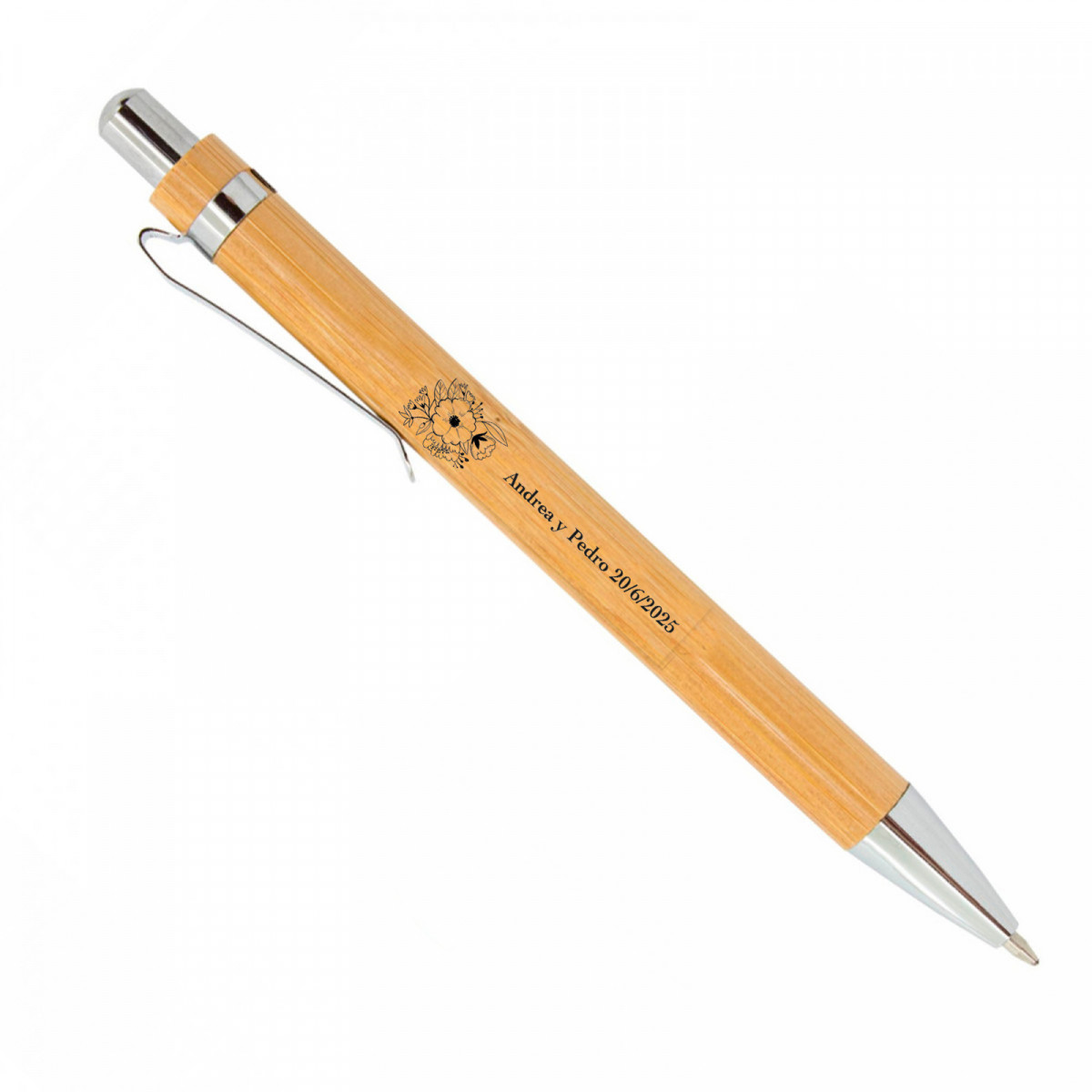 Stylo en bambou avec adhésif floral personnalisable pour des détails
