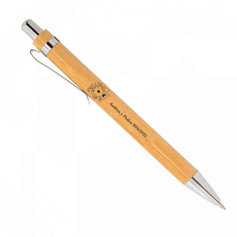 Stylo en bambou avec adhésif floral personnalisable pour des détails
