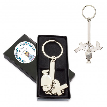 Porte-clé de communion avec charm dans un étui personnalisé pour fille
