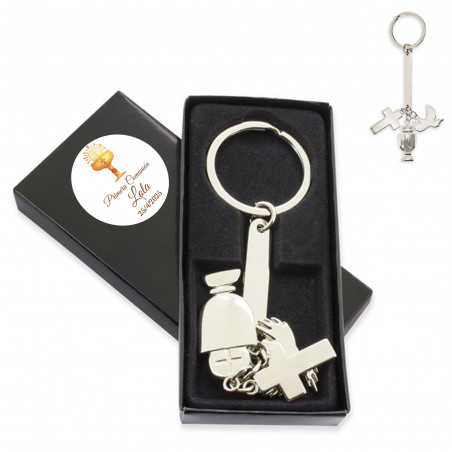 Porte clés en métal pour communion avec boîte personnalisée avec adhésif