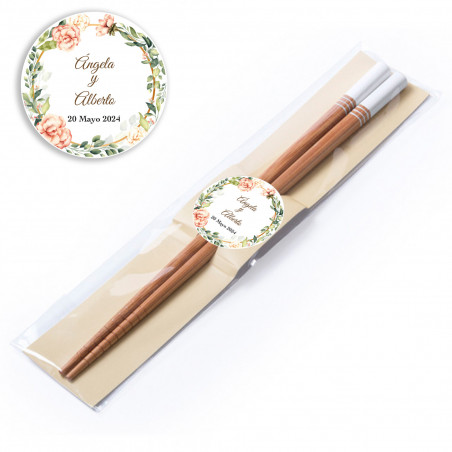 Bâtonnets chinois en bambou personnalisés avec autocollant floral pour événements