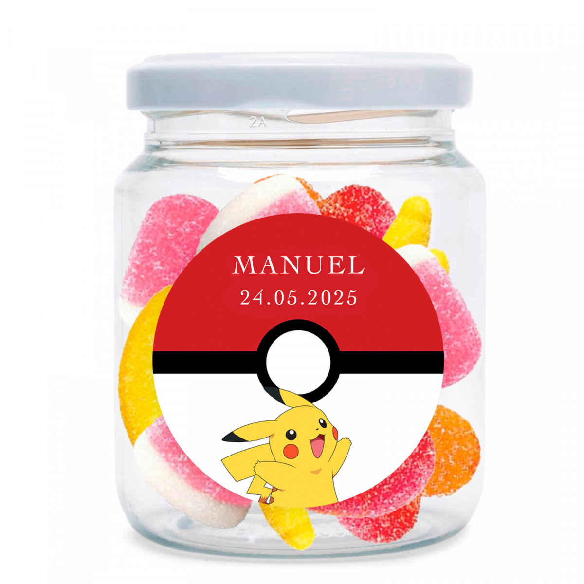 Bocal avec des bonbons gélifiés assortis personnalisé avec un autocollant de Pikachu