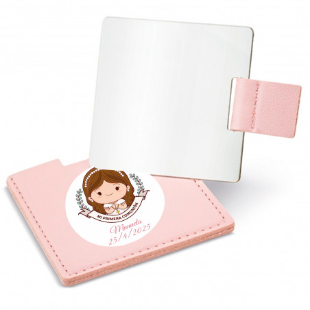 Miroir avec étui rose et autocollant première communion fille à offrir