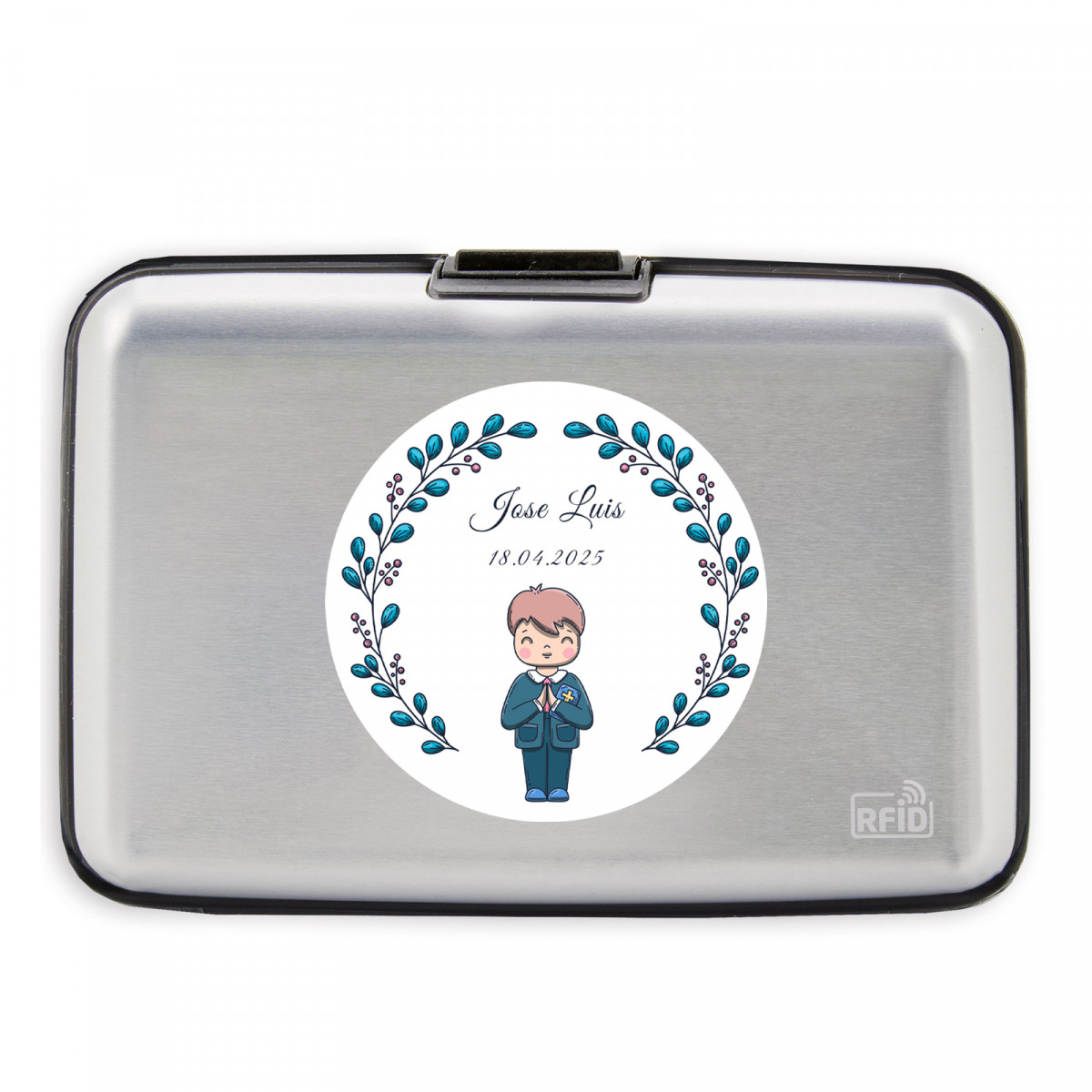 Porte-cartes personnalisé avec autocollant pour première communion d'un garçon