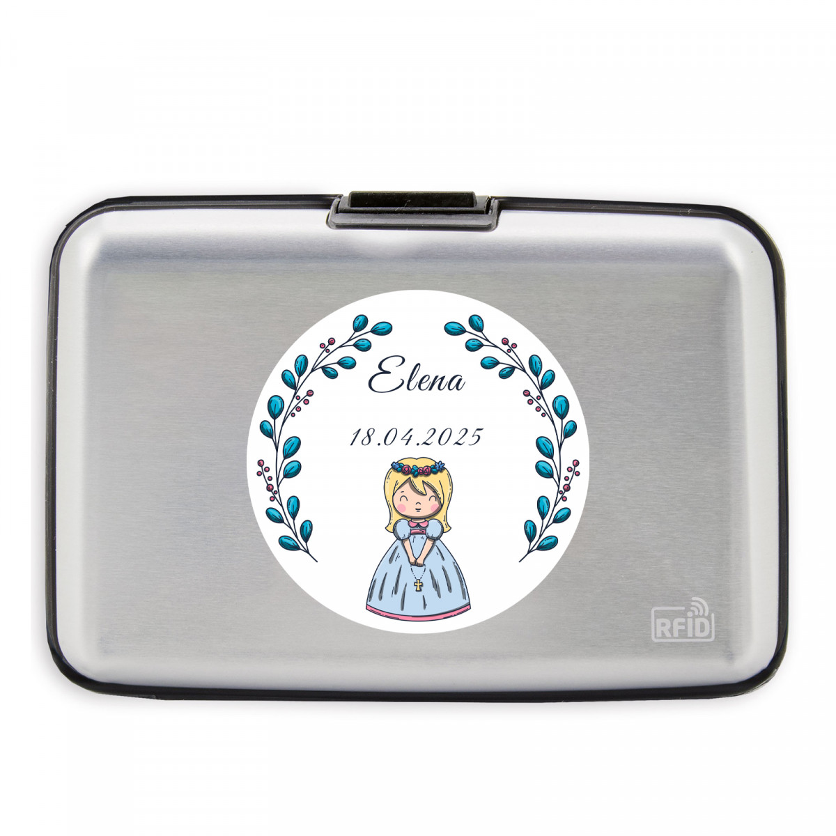Porte-cartes argenté personnalisé avec autocollant pour la première communion d'une fille