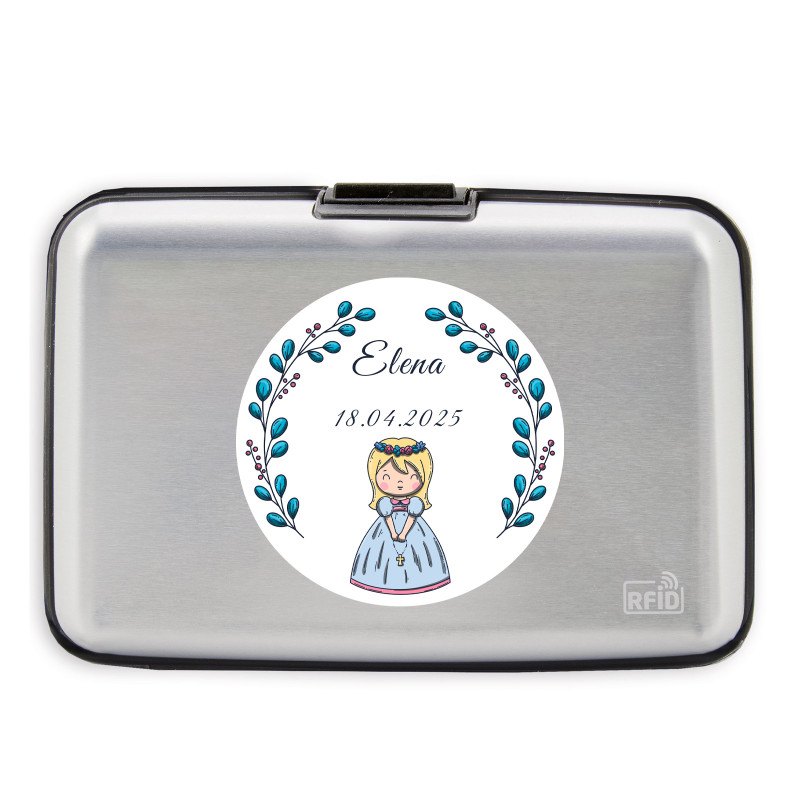Porte-cartes argenté personnalisé avec autocollant pour la première communion d'une fille