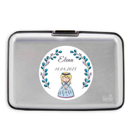 Porte-cartes argenté personnalisé avec autocollant pour la première communion d'une fille