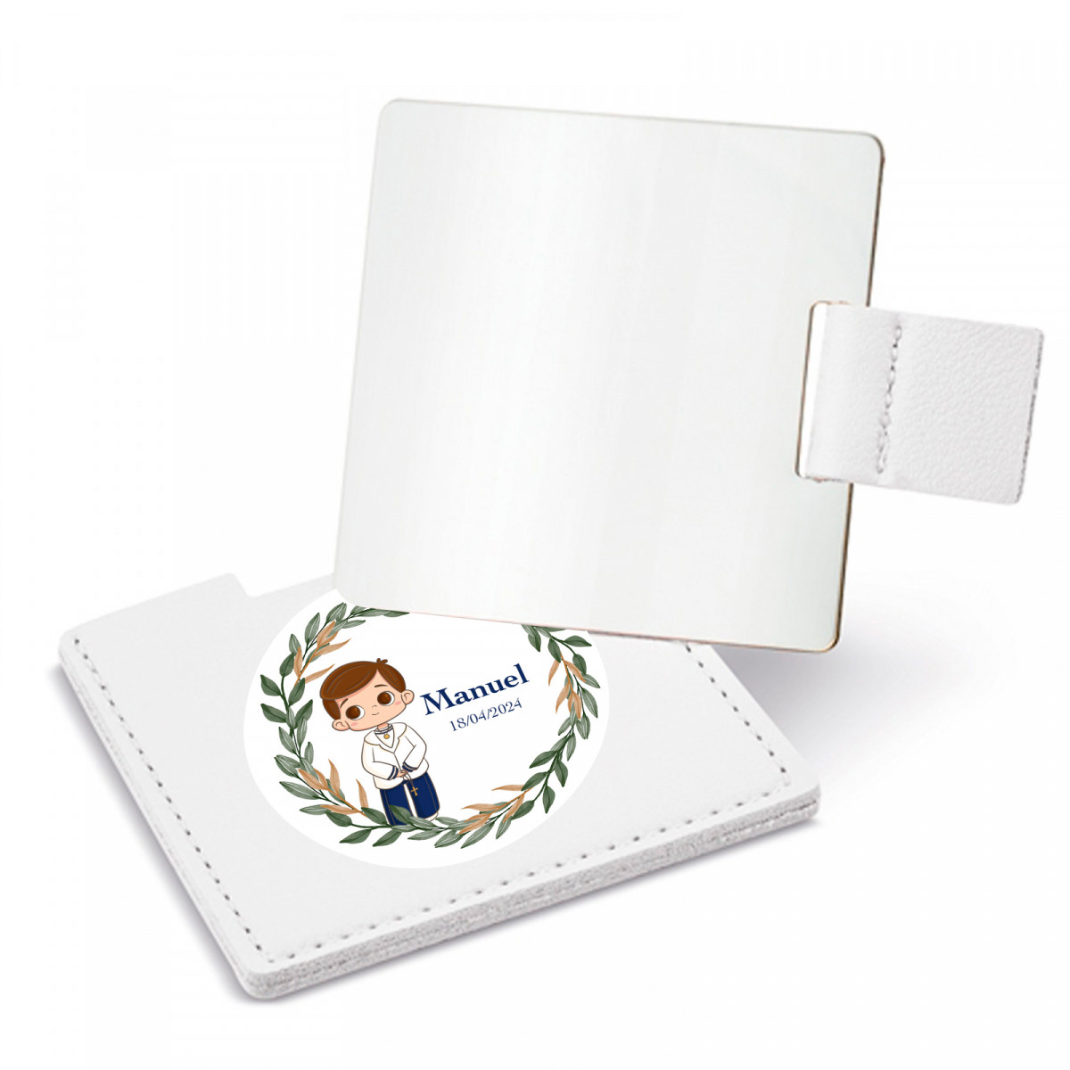 Miroir avec étui blanc et autocollant première communion garçon à offrir