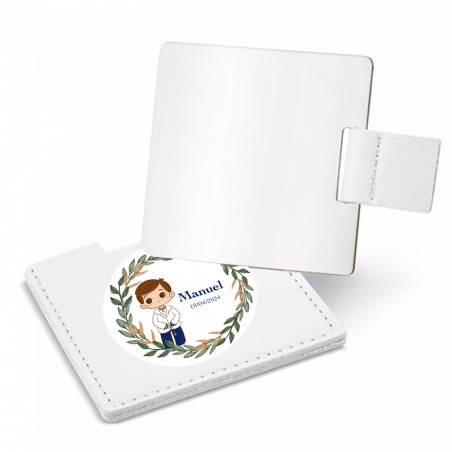 Miroir avec étui blanc et autocollant première communion garçon à offrir