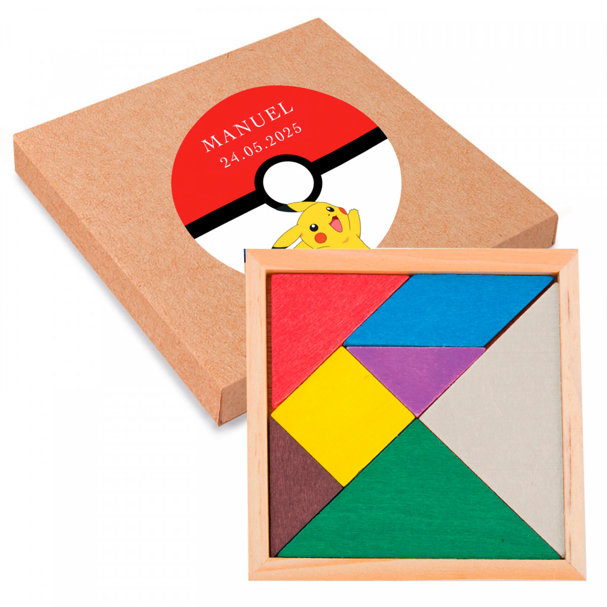 Puzzle en bois dans une boîte avec autocollant design Pokémon personnalisable à offrir