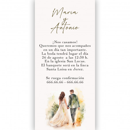 Invitación tarjeta vertical con diseño romántica de novios para bodas