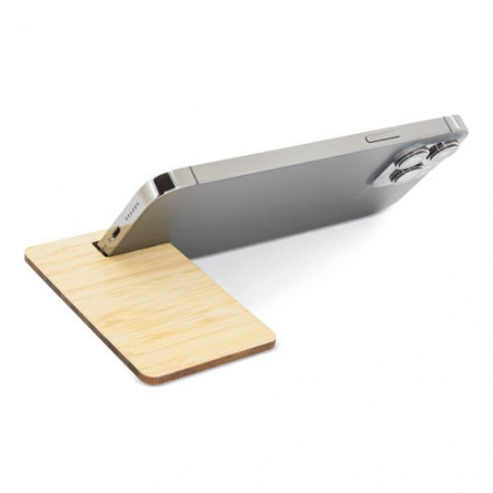 Support de mobile en bois présenté dans une enveloppe kraft verte personnalisée