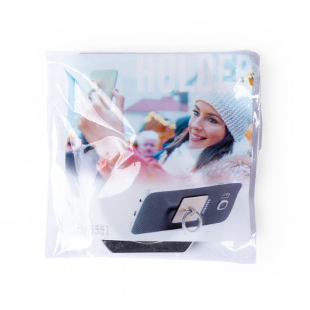 Support de bague pour mobile présenté dans un sachet en suédine et autocollant personnalisé de mariage.
