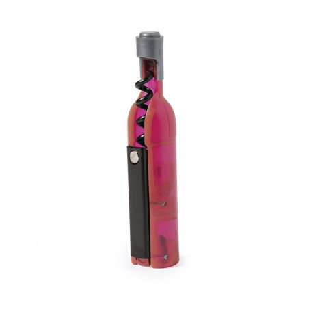 Tire-bouchon en forme de bouteille personnalisé avec autocollant de mariage et présenté dans une boîte en carton avec une