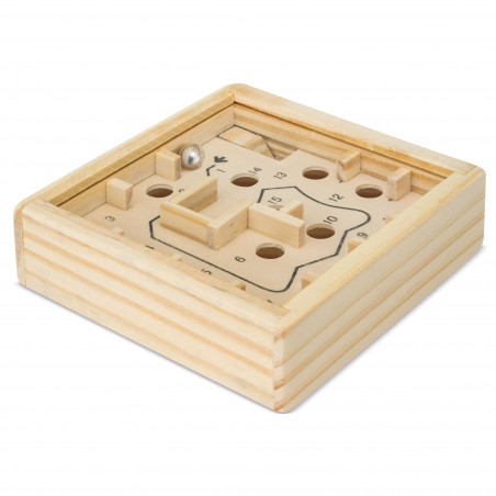 Labyrinthe en bois avec billes présenté dans un sac kraft